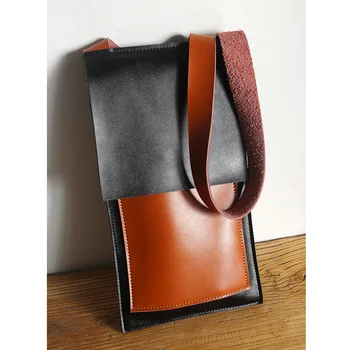 

ALAVCHNV retro art style cow leather shoulder bag vertical paragraph casual hit color leather bag C024
