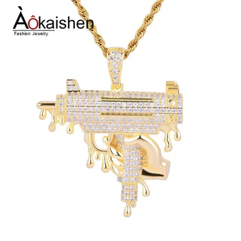 

Hand Holding Dripping Gun Shape Pendant Necklace Gold Color Iced Out Cubic Zirconia Men's Hip hop Rock Jewelry 5x5.7cm
