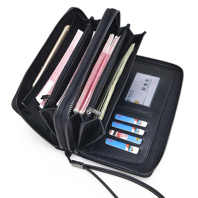 M37 Famous Brand Double Zipper Genuine Leather Wallet For Men Clutch Wallets Card Holder Purse ...