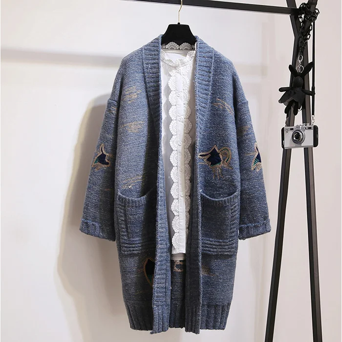 Женский длинный кардиган с вышивкой, осенне-зимний шерстяной вязаный свитер, пальто для женщин, повседневный вязаный свитер с длинным рукавом, Женская куртка - Цвет: Navy blue