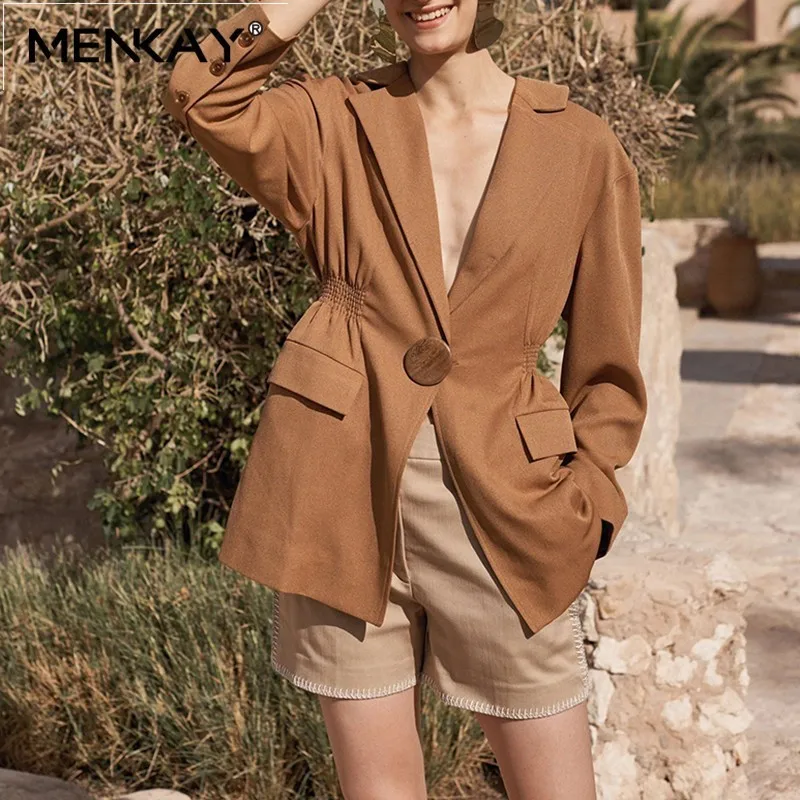 

[MENKAY] Streetwear Blazer Coats For Women Jackets Long Sleeve Elastic Waisted Ruched Tunic Coat Female Fashion New 2019 Autumn