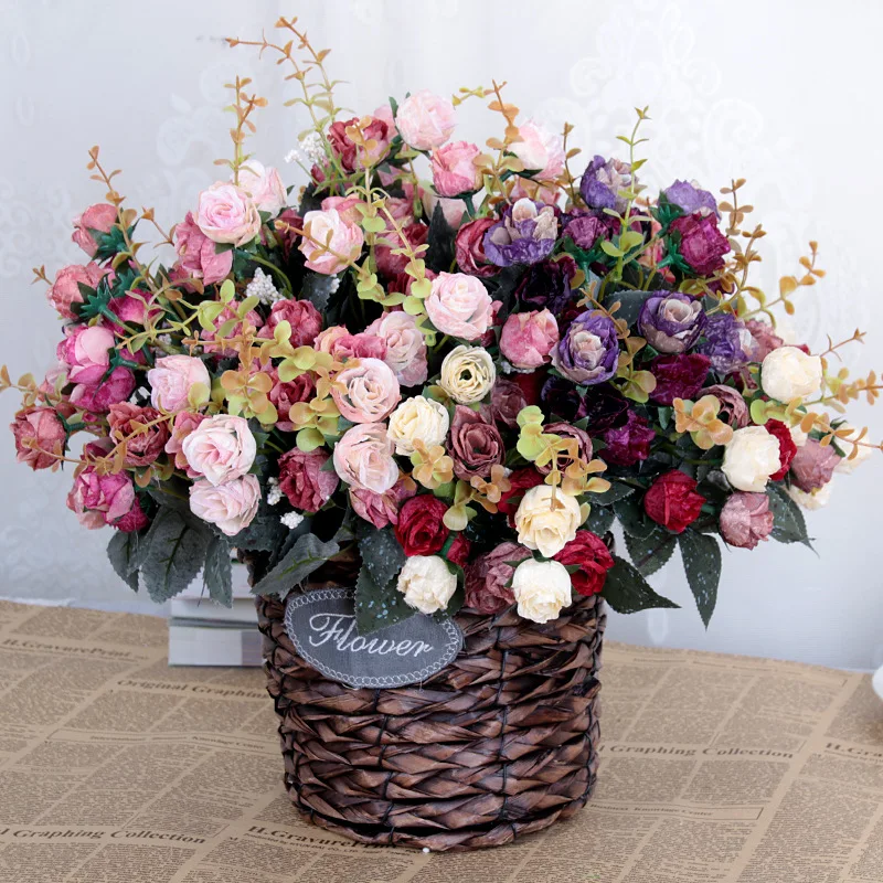 

Artificial 21heads Small Roses Flower Bouquet Decorative Silk Flowers Table Arrange For Wedding Home Party Decoration Accessory