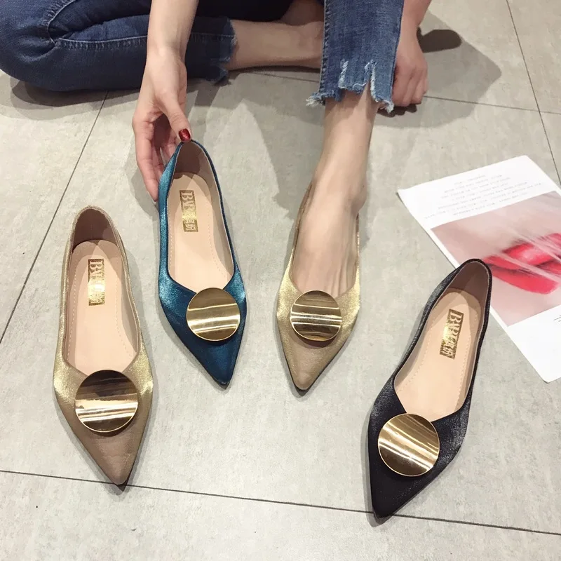 

2019 spring new women's single shoes low with wild metal round buckle pointed satin with shallow mouth casual shoes women