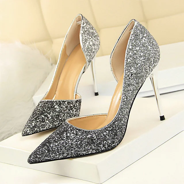 Туфли bigtree; женские туфли-лодочки; пикантные блестящие свадебные туфли на высоком каблуке; Модные женские вечерние туфли на очень высоком каблуке-шпильке; женская обувь - Цвет: 868-9 Silver