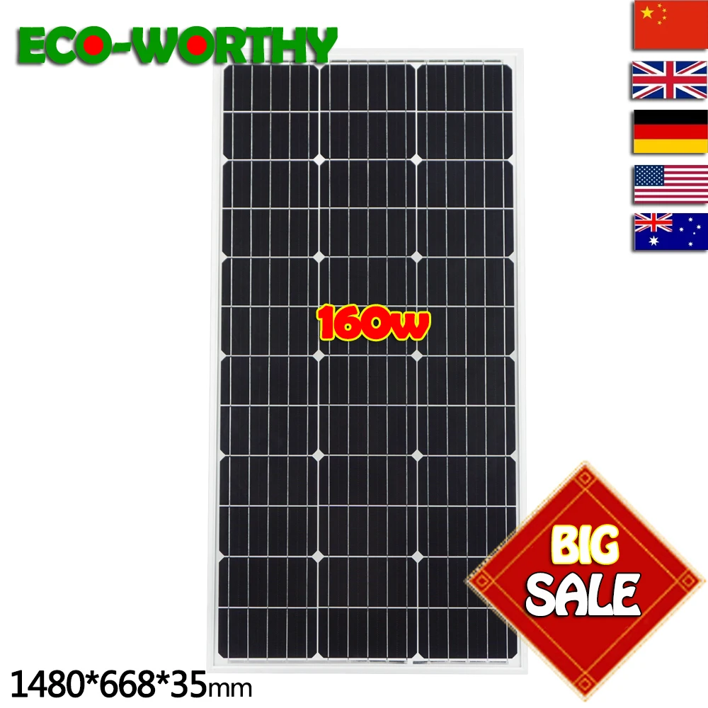 

ECOworthy 160W 18V Monocrystalline Silicon Solar power Panel Solar Module for RV Boat Home 12V Battery Charger solar kits 160W