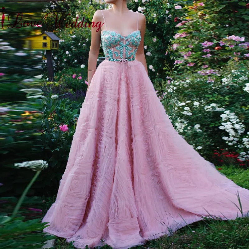 

New Arrival 2019 Sexy Spaghetti Straps Evening Dress Custom made A Line Pink Luxury Robe De Soiree Formal Dress Party Gown