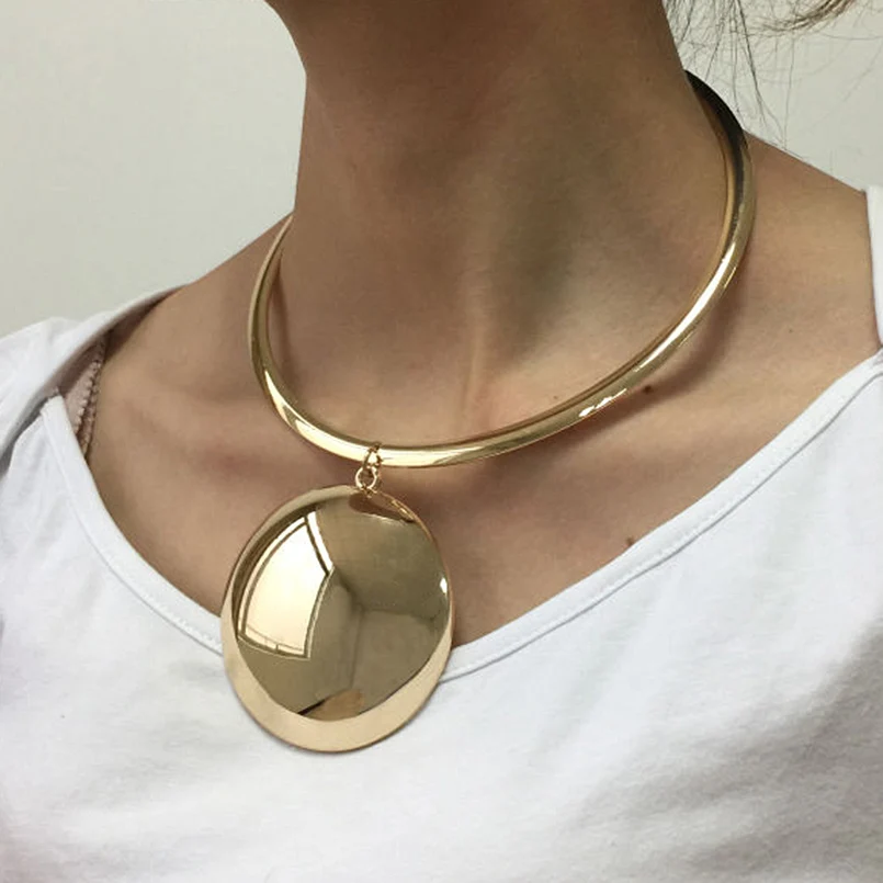 UKEN Punk Women Golden & Silver Color Statement Collar Choker Necklace Maxi Big Circle Metal Torques Necklaces Pendants