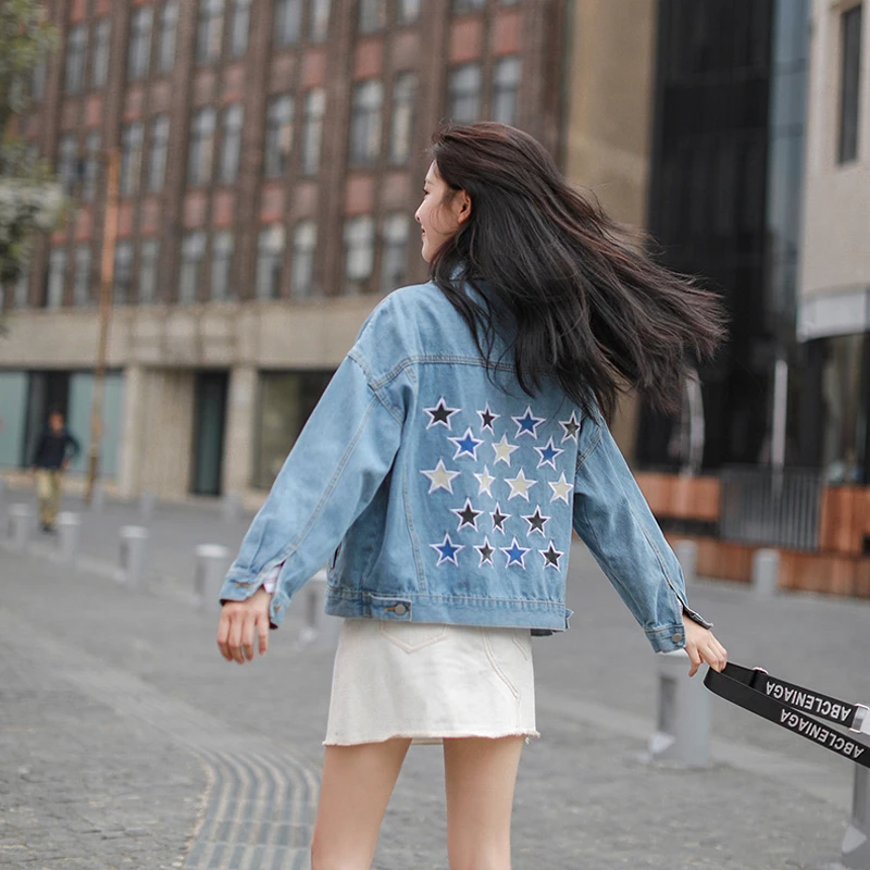

Harajuku Fashion Long Sleeve Women Basic Jacket Chic Stars Embroidery Women Denim Jacket Coats Cotton Sweet Denim Jackets
