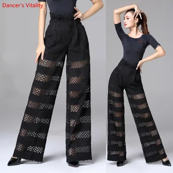 

Professional Latin Dance Pants 2018 New Adult Lace Hollow Out Trousers Broad Legged Pants Women Dancing Practice Clothes