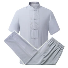 WAEOLSA Summer Man 2 Pieces Pant Suit Set Flax Shirt And Pant Set Oriental Tangzhuang Twinset Linen Ensemble Gray Beige Clothes