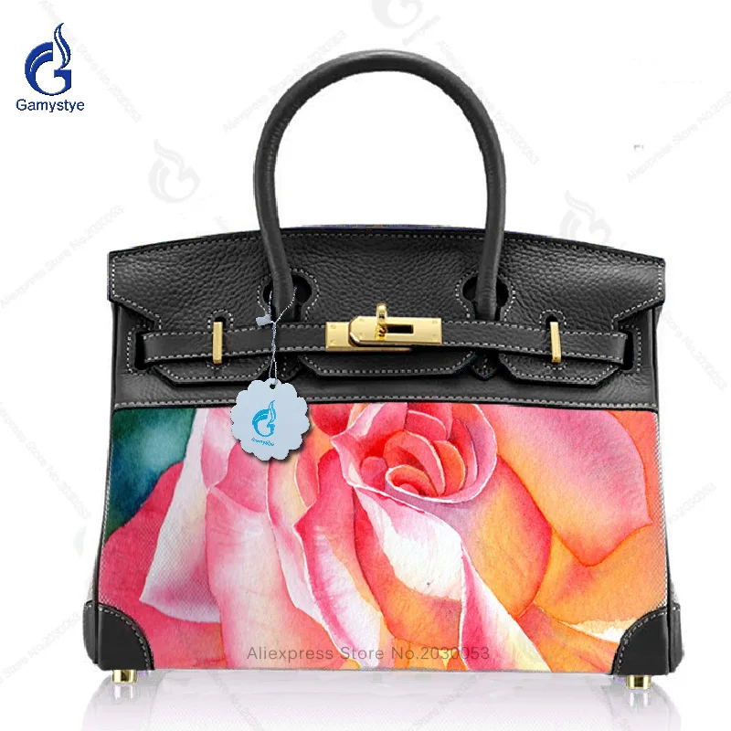 

Genuine Leather Matct Canvas Handbags for women High Quality Women bags Ladies Shoulder Messenger Bags Art Paint Rose flowers