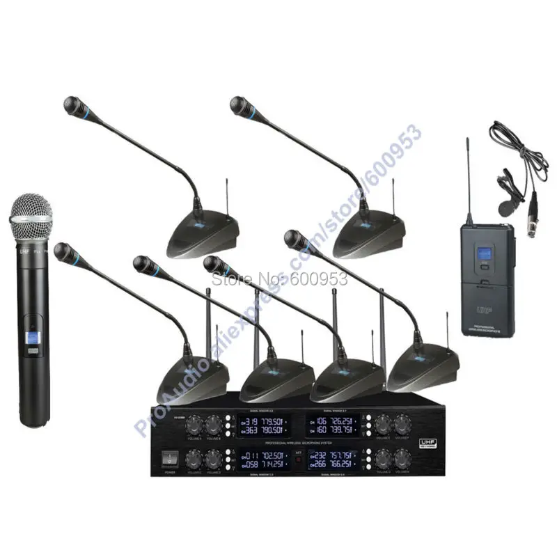 

High-End 8x50 Channel Wireless Conference Microphones System 8 Gooseneck Desk and 1 spare Handheld 1 spare Bodypack Lavalier