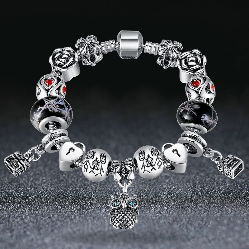 ELESHE Fashion Jewelry Enamel Silver Owl Charm Bracelet European Murano Glass Bead Crystal Heart Charm Bracelet Bangle for Women