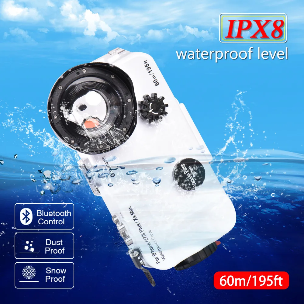 

60m/195ft Underwater Diving Waterproof Phone Case Diving Housing with Wide-angle Lens for iPhone 6 7 8 X XR 6 7 8 Plus Xs Max