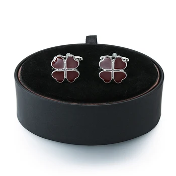 

DY New Mens French Cufflinks black leather box set brand red petals clover Cufflinks Gift Set FREE SHIPPING