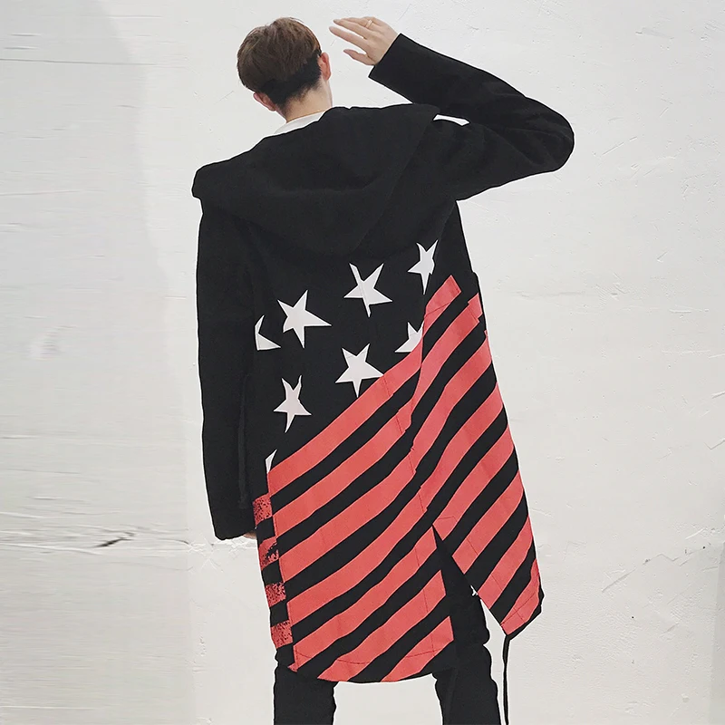 

2018 Spring and autumn trench male medium-long print stripe outerwear handsome HARAJUKU lengthen with a hood overcoa