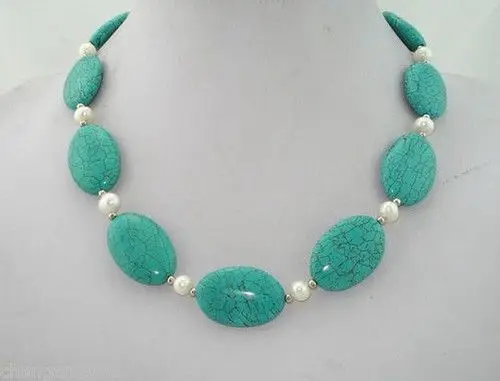 

Hot sale new Style >>>>>Genuine 8MM White Pearl & Oval Green Turquoise Bead Necklace