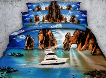 

JF-314 Oil Painting style ocean scenery and yacht printed bedding sets queen size 4pcs blue sea quilt cover set