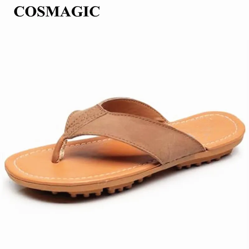 

COSMAGIC 2019 New Summer Genuine Leather Beach Flip Flops Slippers Casual Women Gray Brown Slippers Slides Shoe Flat with