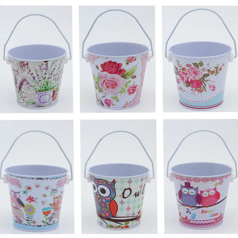 

6pcs Owl,Flower Print Metal Hanging Pots Flower Pot Planters Desktop Wedding Decoration Europe Mini Tin Bucket Plants