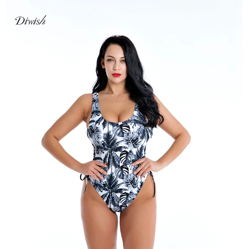 

Diwish Swimwear Women One Piece Bikini 2019 Coconut Tree Print High Cut Swimsuit Lace-Up Monokini Push Up Bathing Suit Women