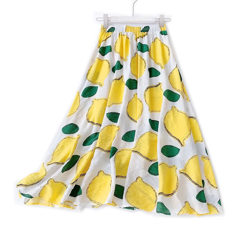 Летнее Новое поступление Женская длинная юбка трапециевидной формы в Корейском стиле с рисунком лимона из хлопка