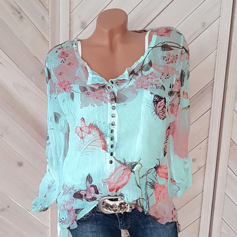 

2019 spring and summer new Popular long-sleeved printed shirt v-button blouse chiffon shirt