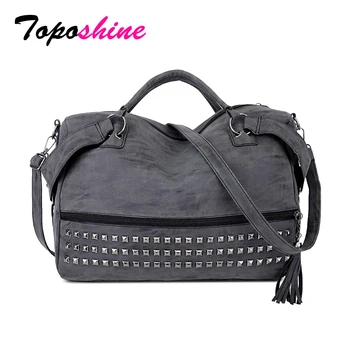 

Toposhine Soft PU Leather Casual Tote For Women Bags Korean Fashion Rivet Lady Shoulder Bag Large Capacity Tassel Female Handbag