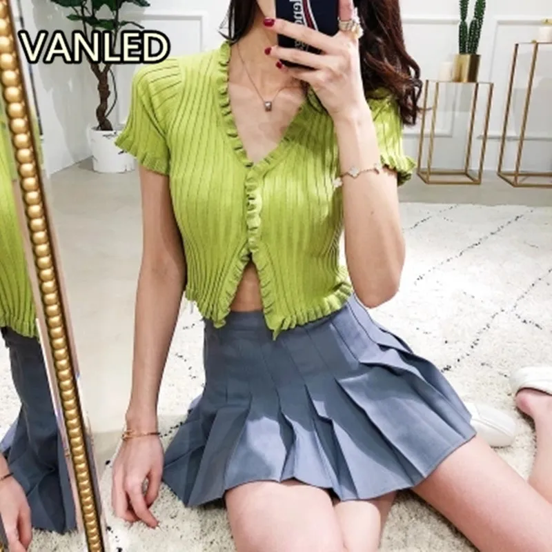 

Vintage Stripe Knitting V-neck Sweater Thin Women Single Breasted Short Sleeve Slim Short Cardigan