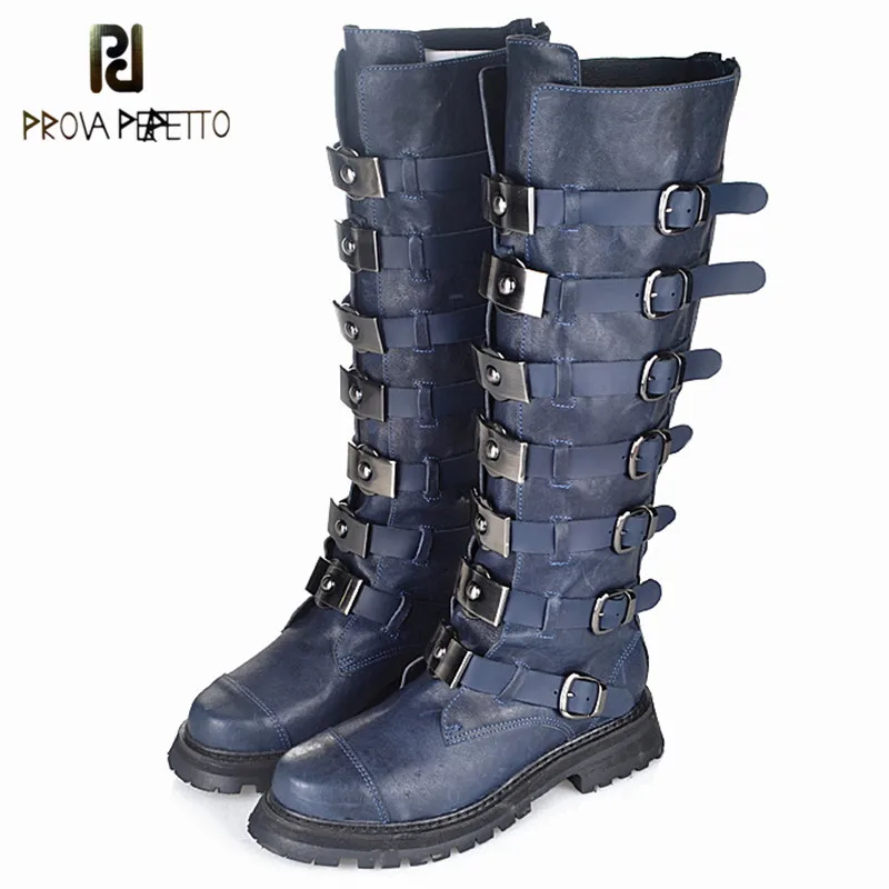 Beste Prova Perfetto Top Koop Originele Koe Lederen Gesp Vrouw Laarzen Dikke Bodem Neutrale Knight Laarzen blauw Lange Laarzen