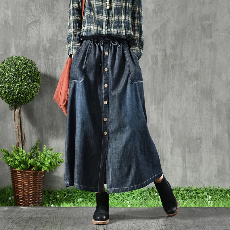 

2018 long skirt loose pocket double breasted jean skirts eduction elastic waist buckle A word skirt show thin autumn joker skirt