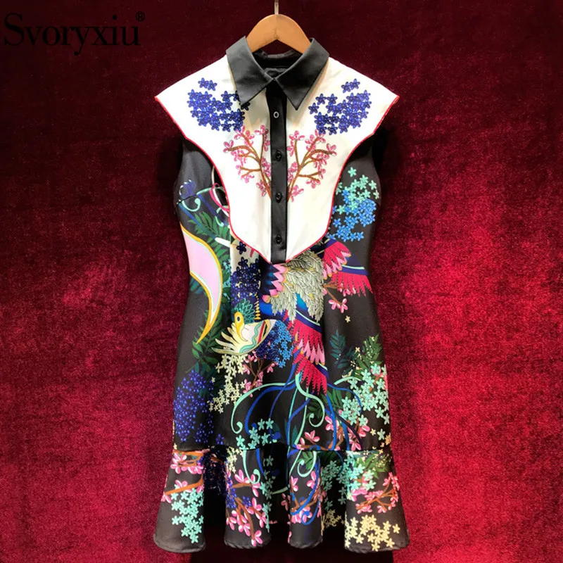 

Svoryxiu Runway Vintage Summer Party Mermaid Short Dress Women's Elegant Flower Print Beach Holiday Ruffles little Black Dresses