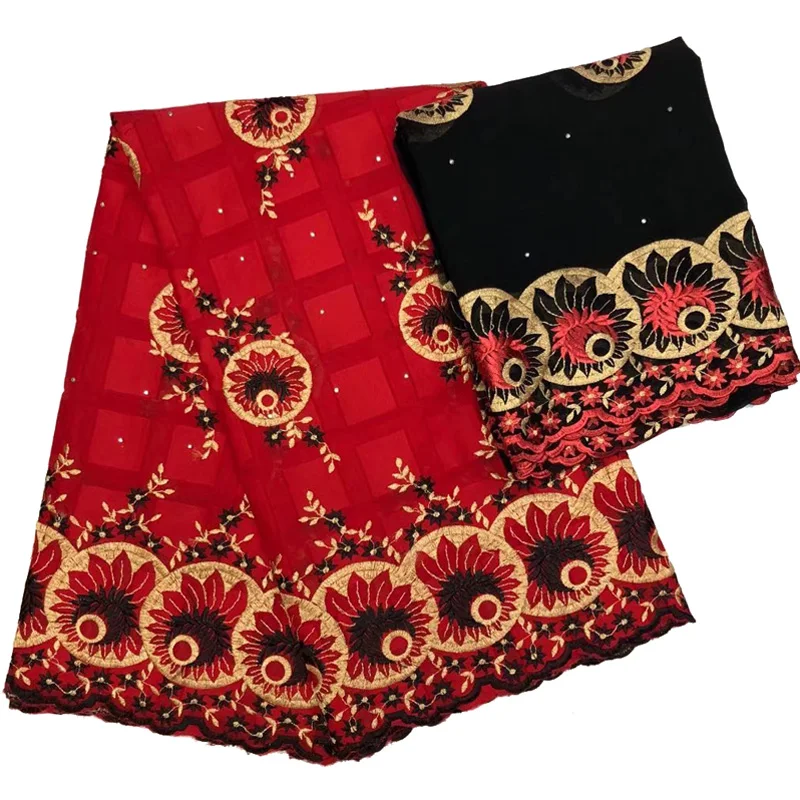 

(5+2yards/set) high grade red African voile lace fabric 100% cotton Swiss lace fabric with embroidery plus chiffon lace DBL08