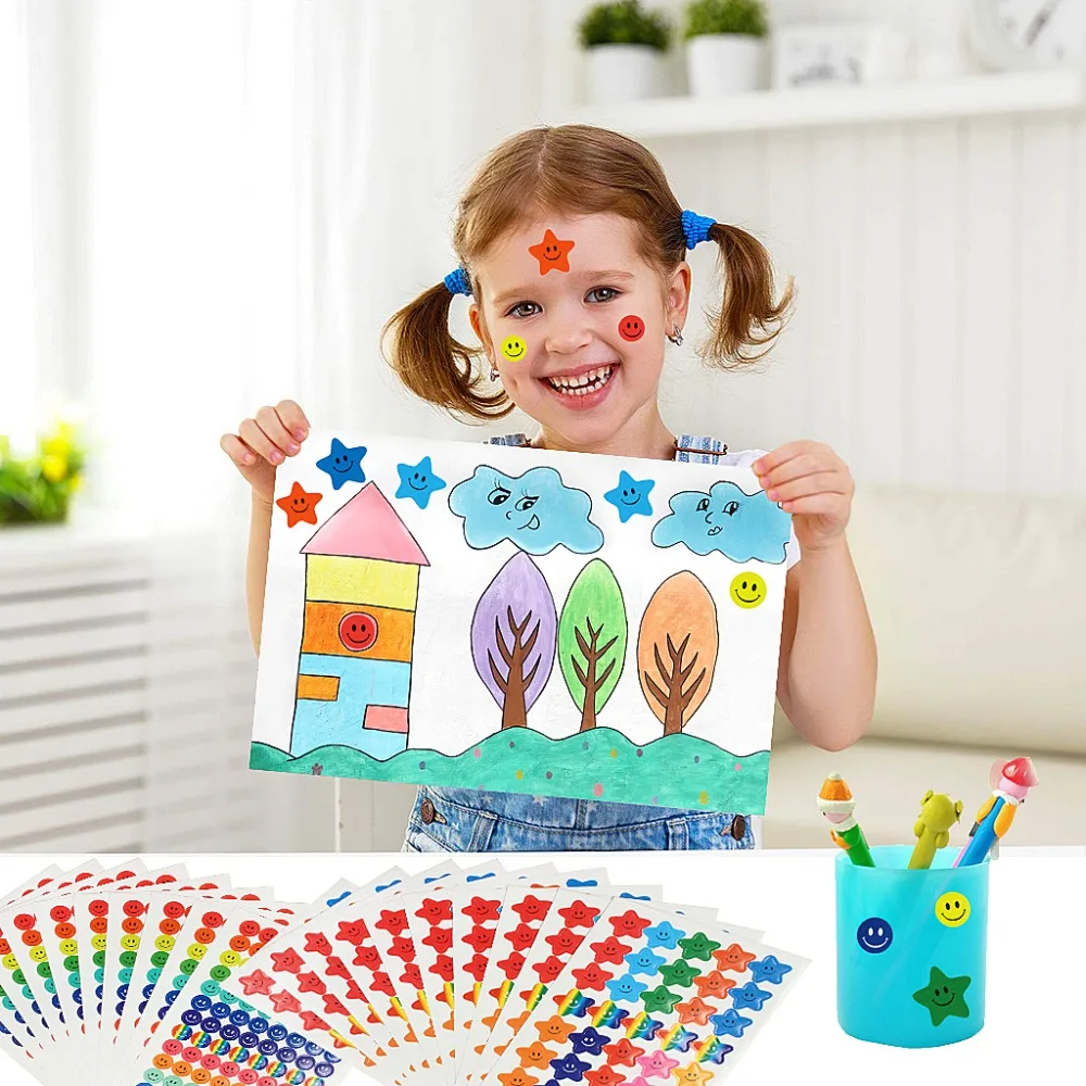 Happy Face Stickers And Smiling Star Stickers 20 Sheets 1390 Pcs Colorful Award Stickers For Teacher Parents Kids Incentive Decorative Stickers For Books Crafting Artworks (6)