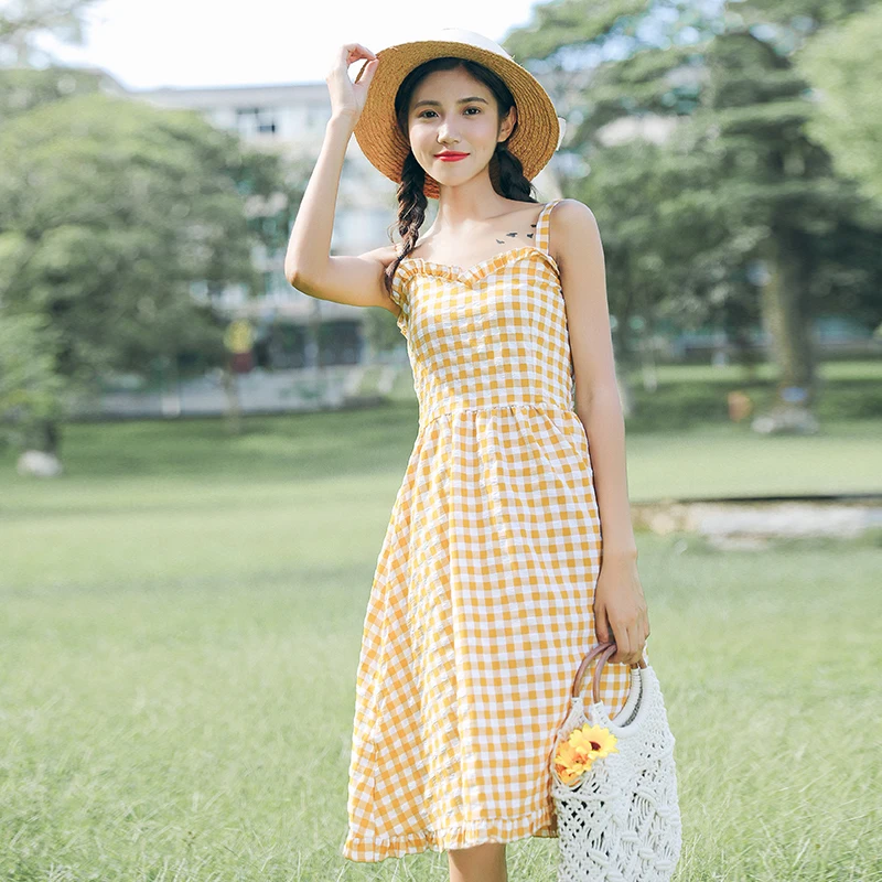 

Women's Dresses Ins Girl Kawaii Ulzzang Plaid Fungus High Waist Strap Dress Female Vintage Harajuku Punk Clothes For Women
