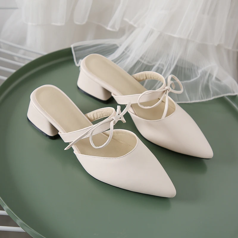 

Rimocy Women slip on Sandals sharp toe butterfly Strap slippers Woman Shoes elegant solid thick heel slides mujer big size 31-47