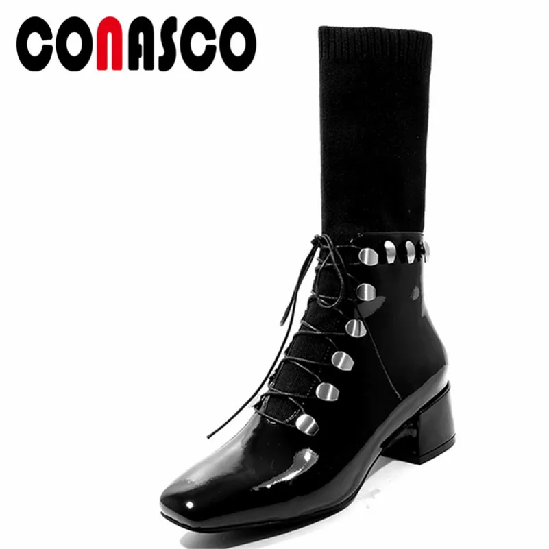 

CONASCO 1Fashion Women Mid-Calf Boots Autumn Winter Warm High Heels Shoes Woman Round Toe Cross-tied Punk Quality Stretch Boots