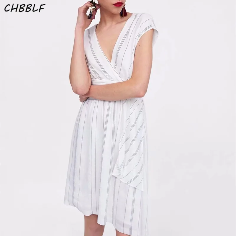 CHBBLF sweet high waist striped white dress V neck short sleeve female ...