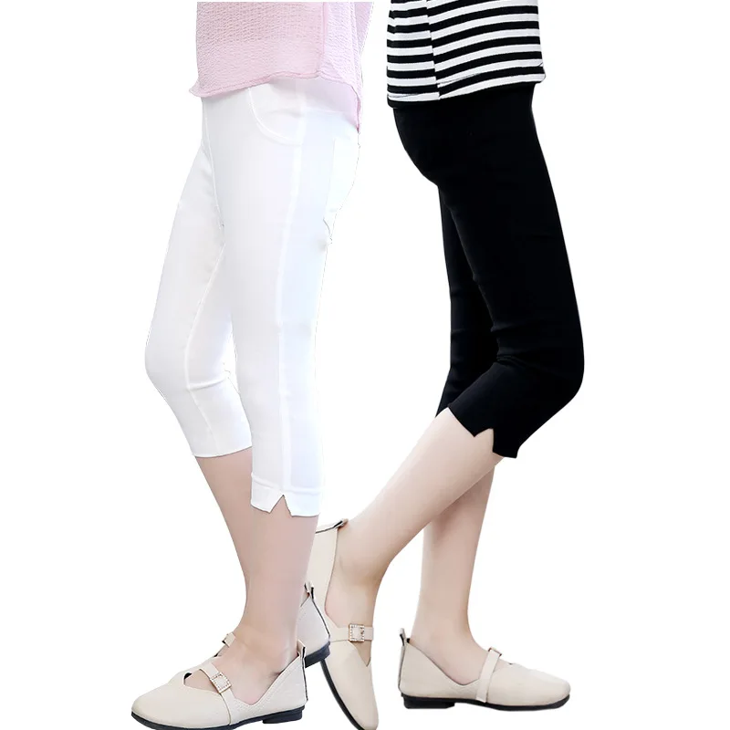 Летние новые стильные эластичные однотонные узкие брюки для девочек тонкие облегающие леггинсы ярких цветов до колена для маленьких девочек модная одежда От 3 до 10 лет