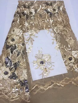 

African French Lace Fabric with sequin High Quality African Tulle Lace Fabric with sequins 5yards gold yellow sequin lace fabric