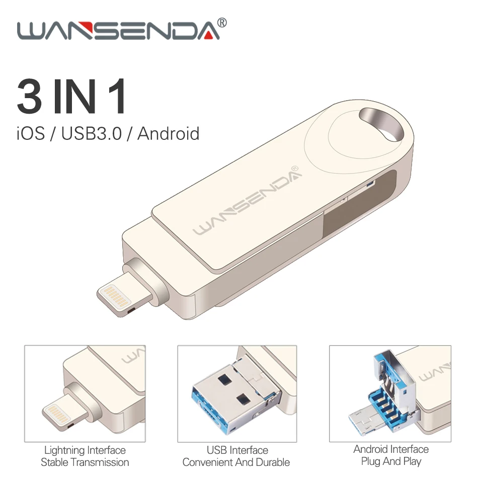 

WANSENDA OTG USB Flash Drive USB 3.0 Pen Drive for iPhone/Android/PC 16GB 32GB 64GB 128GB Flash Disk 3 in 1 high speed Pendrive