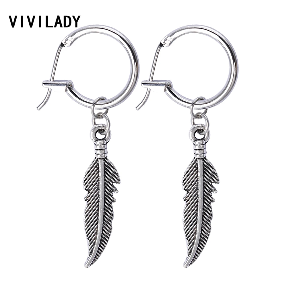 

VIVILADY Vintage Feather Small Hoop Earrings Women Silver Color Boho Snap Clip Unisex Alloy Brincos Bijoux Party Jewelry Gifts
