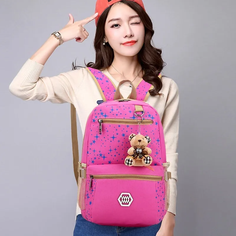 Women 3pcs/set Canvas Backpack Bagpack Star Printing Cute Backpacks With Bear Bagpack For Teenagers Girls Back Pack Bagpack Women 3pcs/set Canvas Backpack Bagpack Star Printing Cute Backpacks With Bear Bagpack For Teenagers Girls Back Pack Bagpack