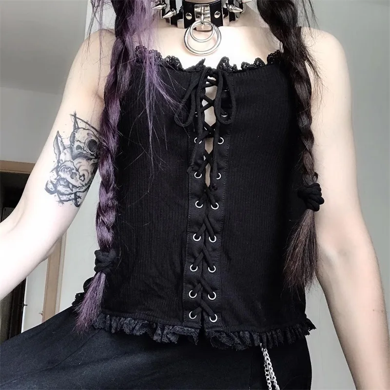 

JIEZuoFang Sexy Club Black Gothic Women Tops Slim Cotton Spaghetti Straps Backless Mesh Bowknot Lace Female Fashion Chic Top