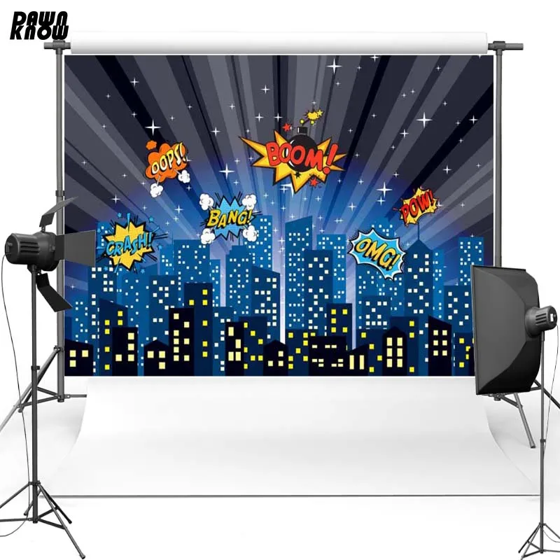 

DAWNKNOW Hero Night City Vinyl Photography Background Cartoon Street Polyester Backdrops For Children Photo Studio G158
