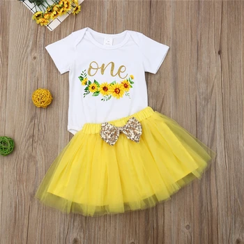 

Toddler Baby Girl Short sleeve tees 1st Birthday Cake Smash Outfits Princess Romper Tutu Skirt Set 610