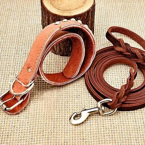 

Cowhide Woven Neckband Collars Plus Spring Dog Leads Harnesses Large Dogs Chain Traction Rope Dog Leash Pet Accessories Supplies