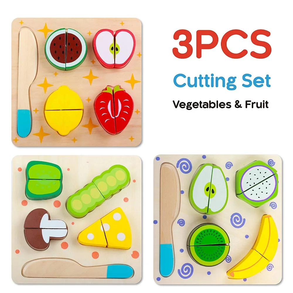 

Wooden Cutting Block Game Wooden Pretend Play Cutting Fruit Food Set Kitchen Puzzle Toys with Chopping Block Knife for Toddlers