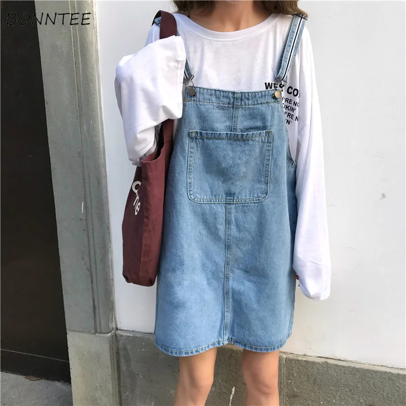 

Dress Women Korean Style All-match Loose Straight High Waist Womens Denim Strap Dresses Trendy Pocket Sleeveless Students Summer