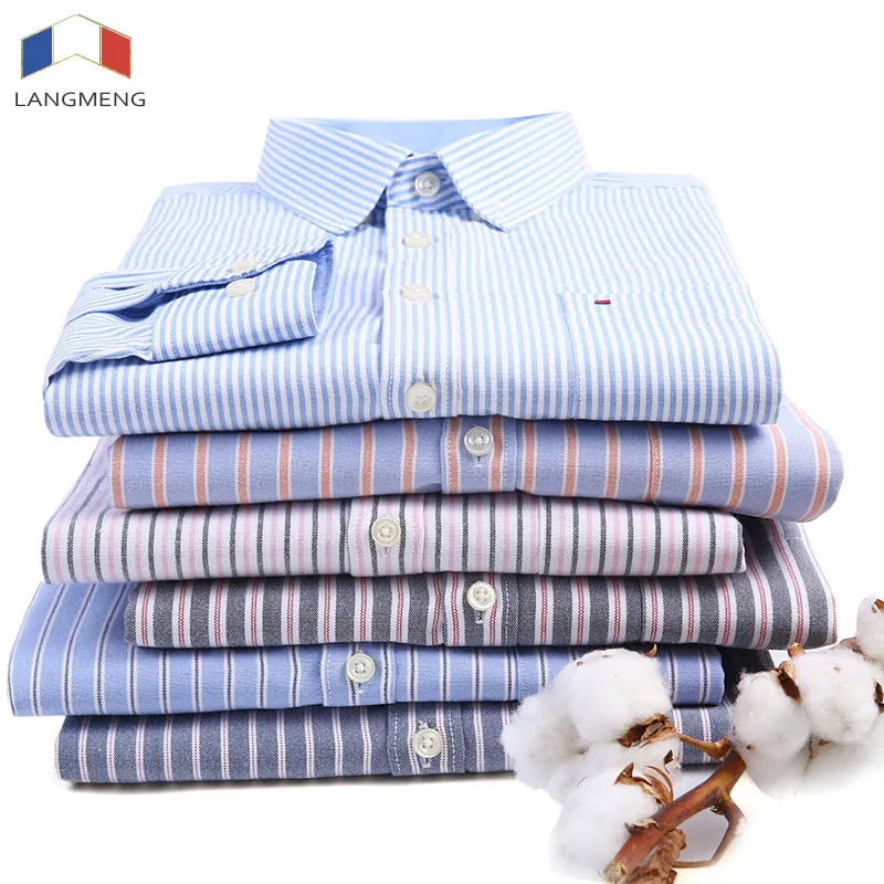 LANGMENG 2018 جديد وصول طويلة الأكمام الرجال قمصان القطن اللباس الرسمي قميص الذكور الأزياء سليم صالح مخطط عارضة قميص الرجال